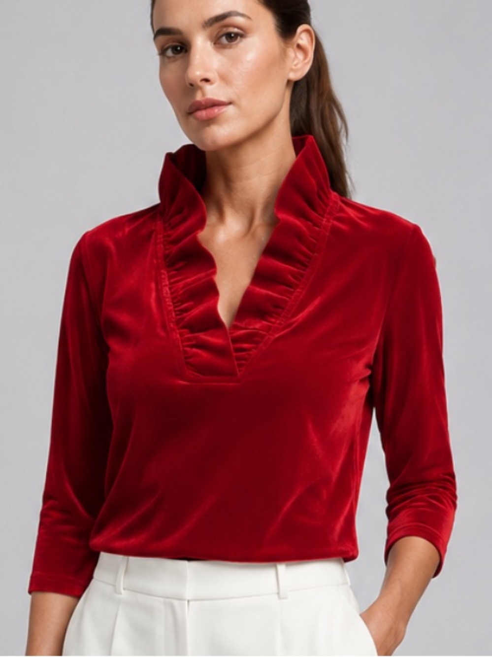 Gretchen Scott Ruffneck Top in Silky Velvet Red
